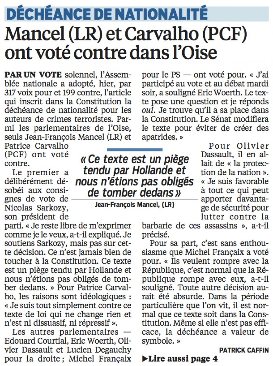 20160211-LeP-Oise-Déchéance de nationalité : Mancel (ex-UMP) et Carvalho (PCF) ont voté contre