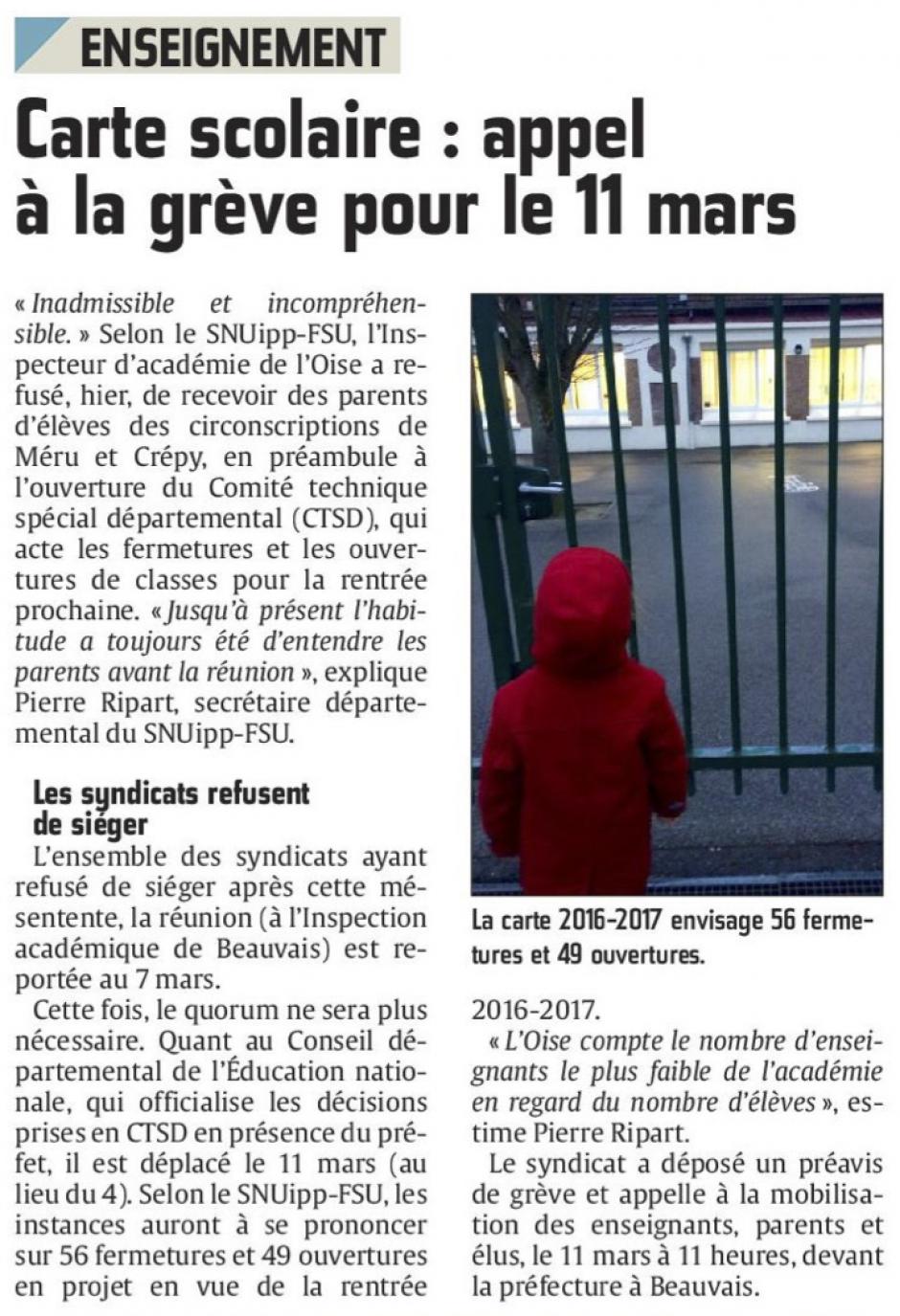 20160227-CP-Oise-Carte scolaire : appel à la grève pour le 11 mars