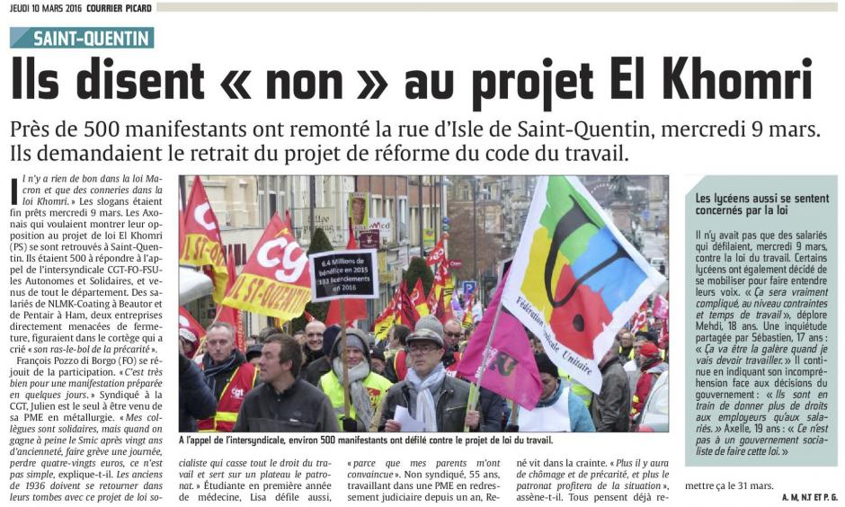 20160310-CP-Saint-Quentin-Ils disent « non » au projet El Khomri [édition Saint-Quentin]