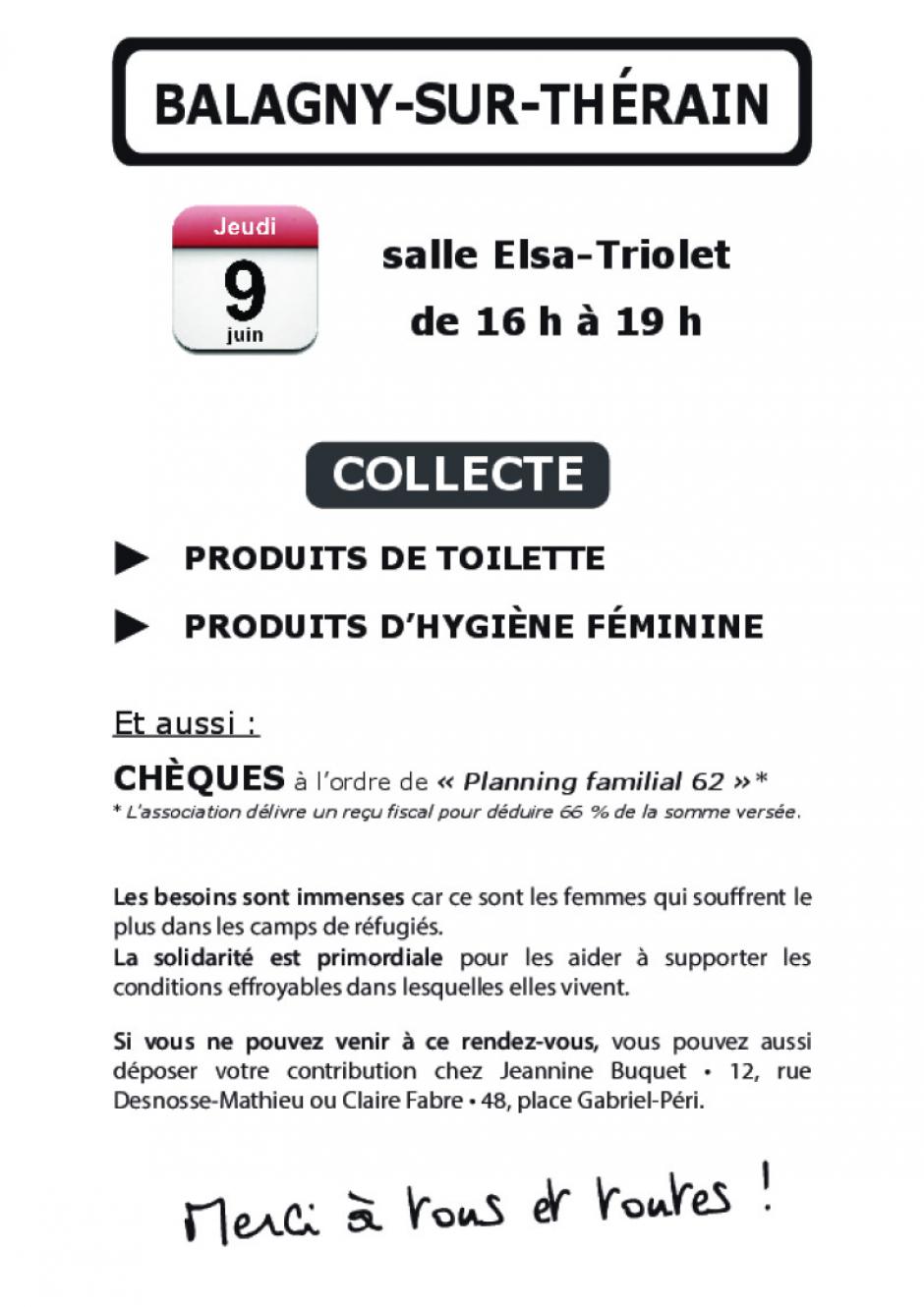 Tract « Collecte à Balagny-sur-Thérain » - Collectif Femmes Communistes Solidarité Migrantes, 23 mai 2016