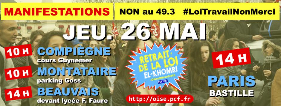 26 mai, Beauvais, Compiègne & Montataire - Manifestations pour le retrait du projet de loi El Khomri