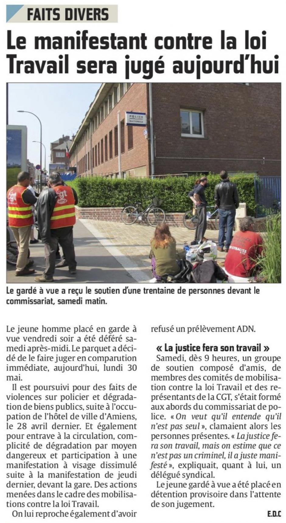 20160530-CP-Amiens-Le manifestant contre la loi Travail sera jugé aujourd'hui [édition Amiens]