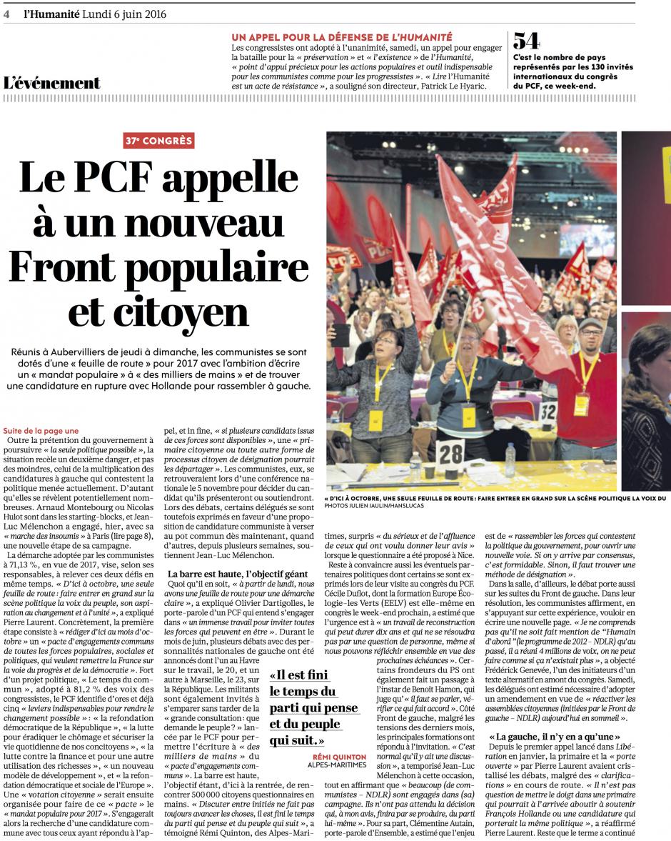 20160606-L'Huma-France-Le PCF appelle à un nouveau Front populaire et citoyen