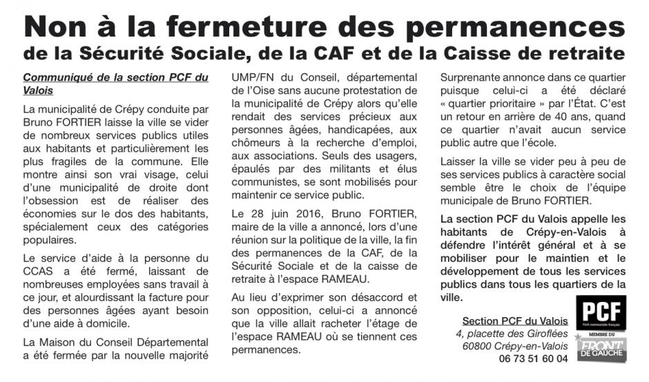 Non à la fermeture des permanences de la Sécurité sociale, de la CAF et de la Caisse de retraite - Crépy-en-Valois, 11 juillet 2016