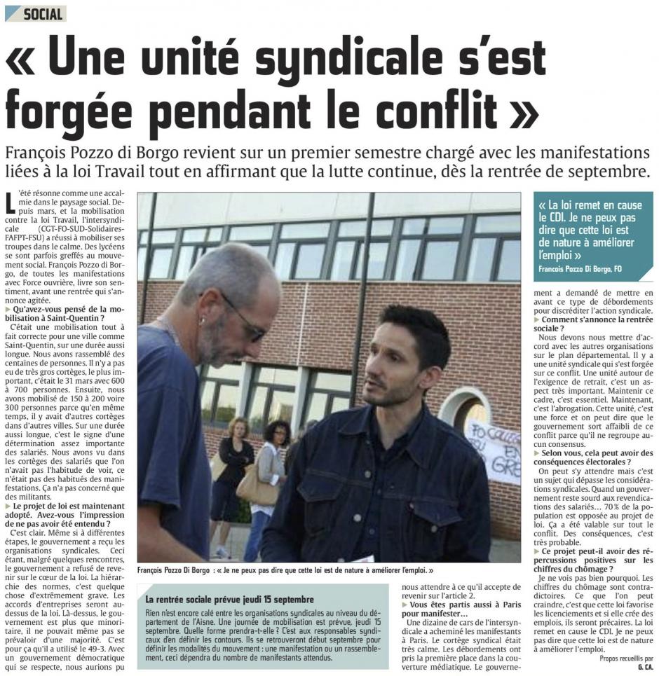 20160801-CP-Aisne-FO : « Une unité syndicale s'est forgée pendant le conflit » [édition Saint-Quentin]