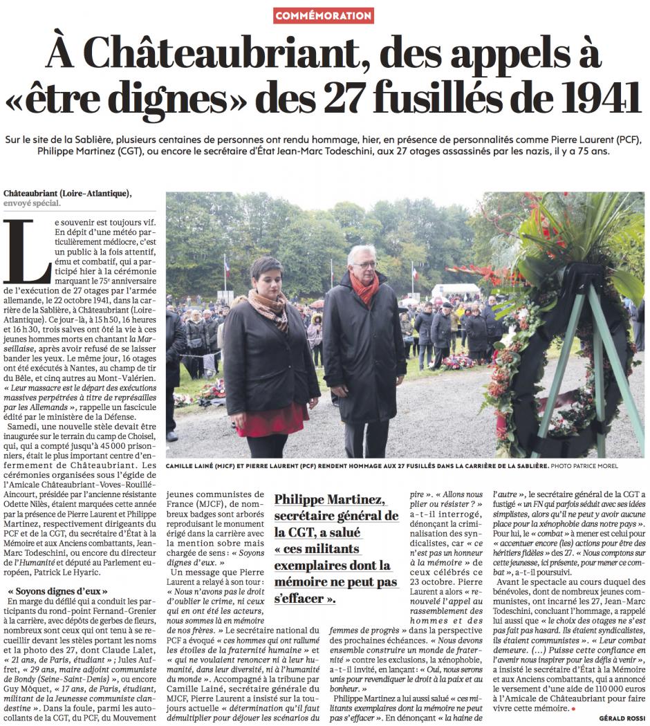 20161024-L'Huma-Châteaubriant-Des appels à « être dignes » des 27 fusillés de 1941