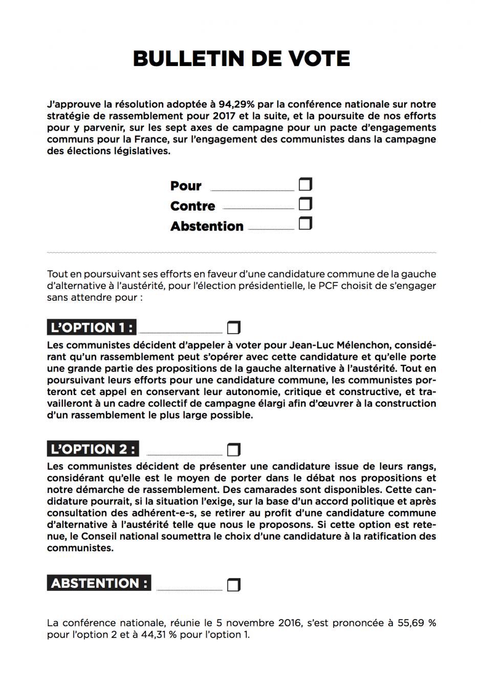 Bulletin de vote de la consultation des communistes - France, 24 au 26 novembre 2016