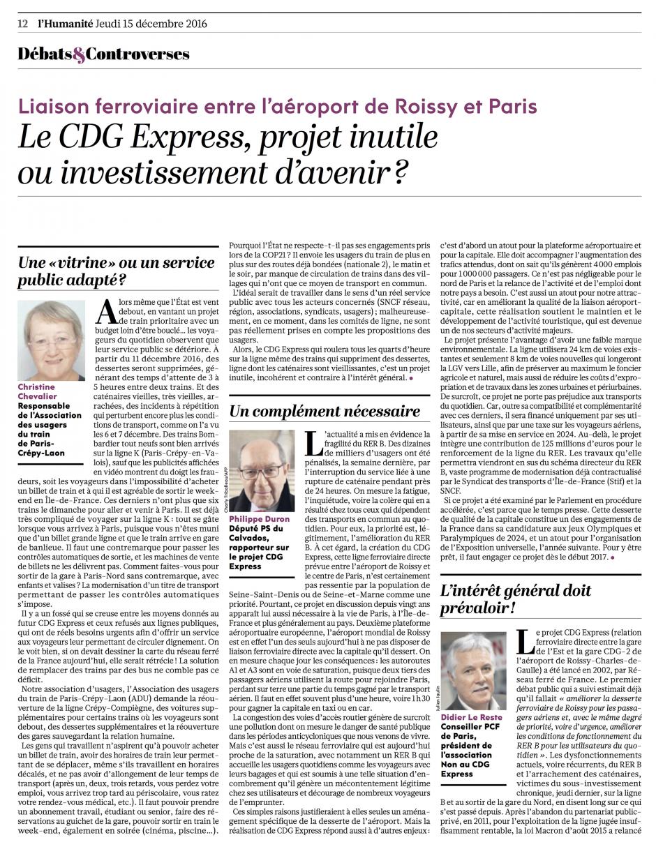 20161215-L'Huma-Région parisienne-Le CDG Express, projet inutile ou investissement d'avenir ?