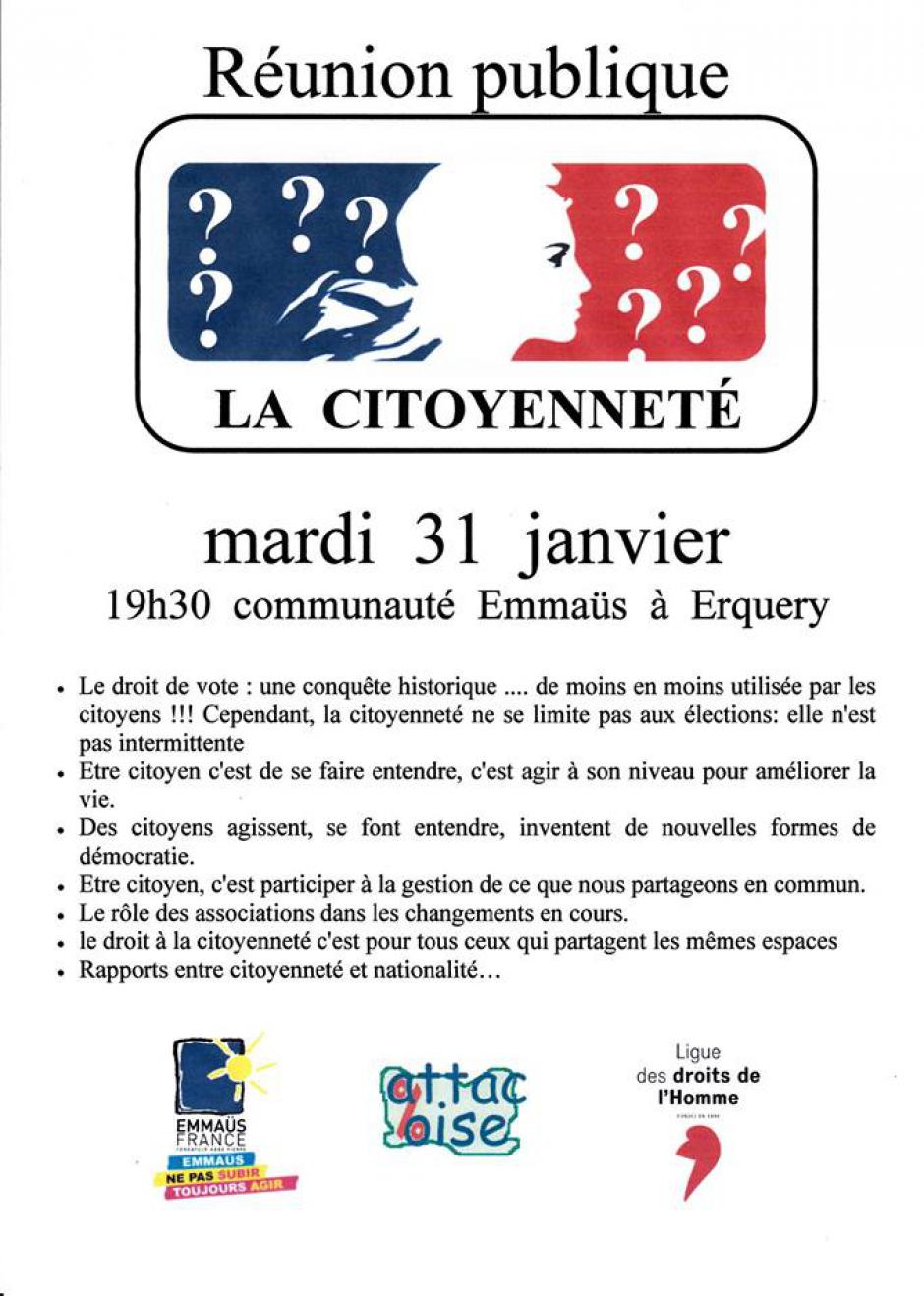 31 janvier, Erquery - Emmaüs-LDH-Attac-Rencontre publique « La citoyenneté »
