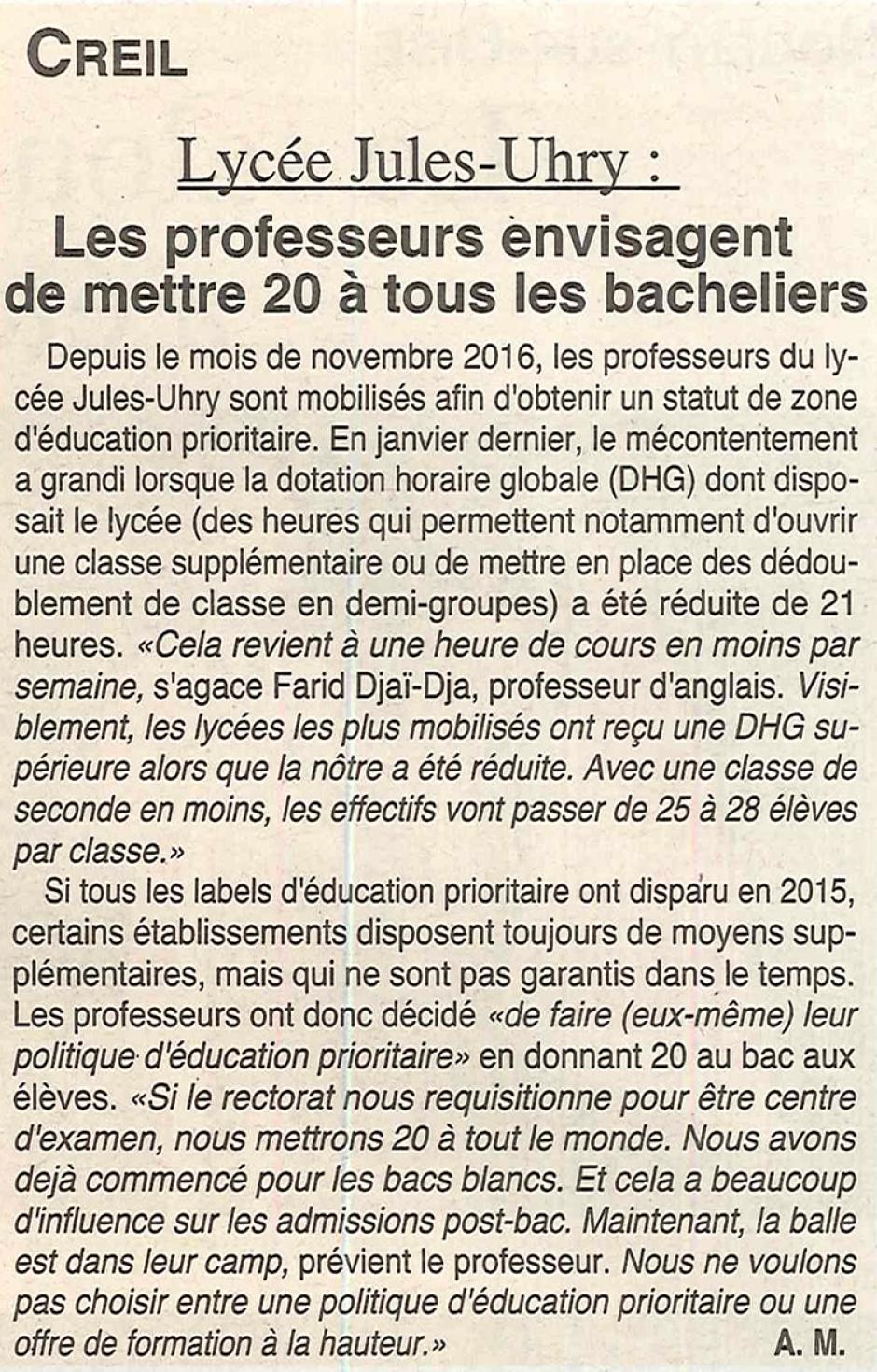 20170322-OH-Creil-Lycée Jules-Uhry : les professeurs envisagent de mettre 20 à tous les bacheliers