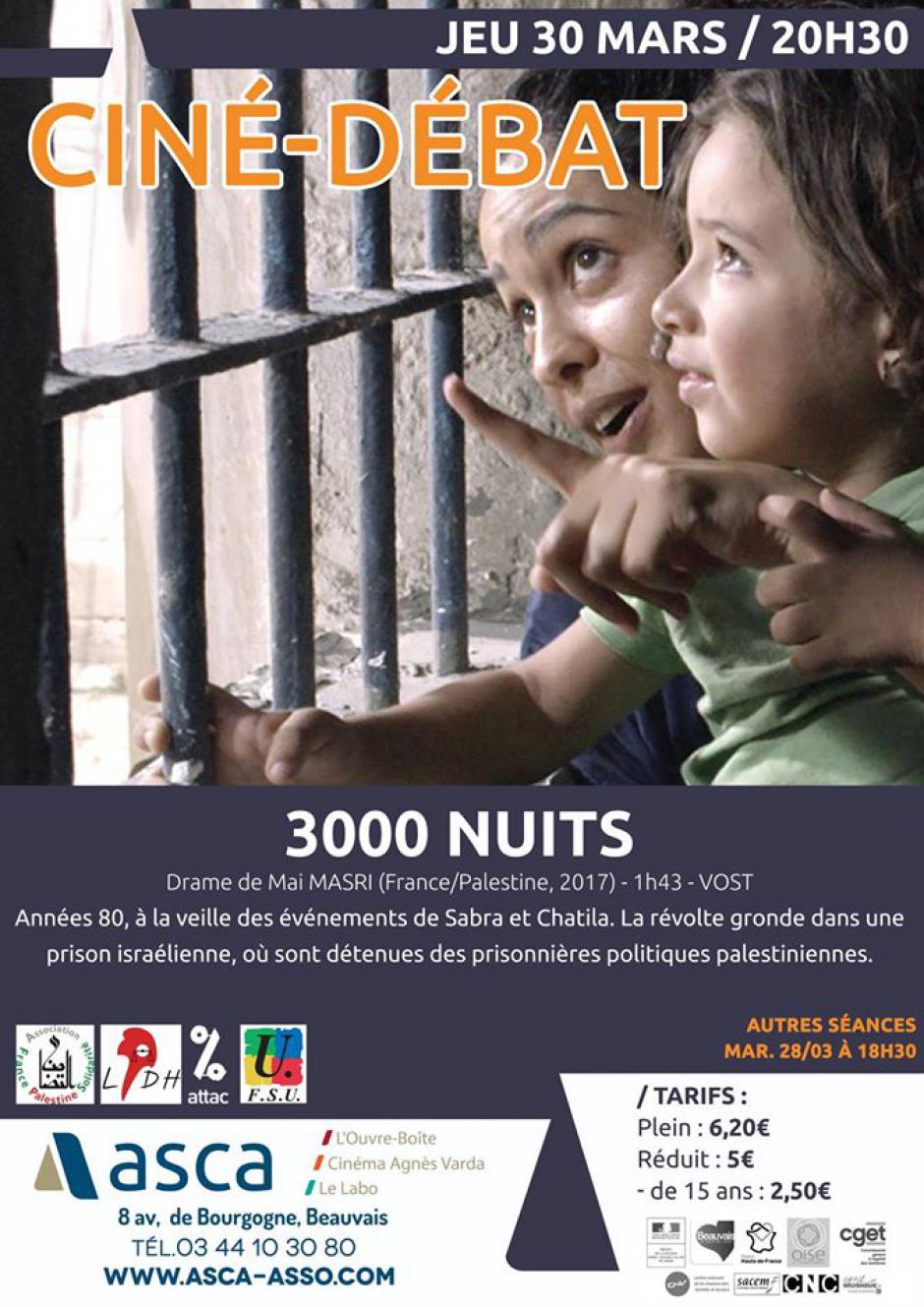 30 mars, Beauvais - AFPS-LDH-Attac-FSU-Ciné-débat « 3 000 nuits »