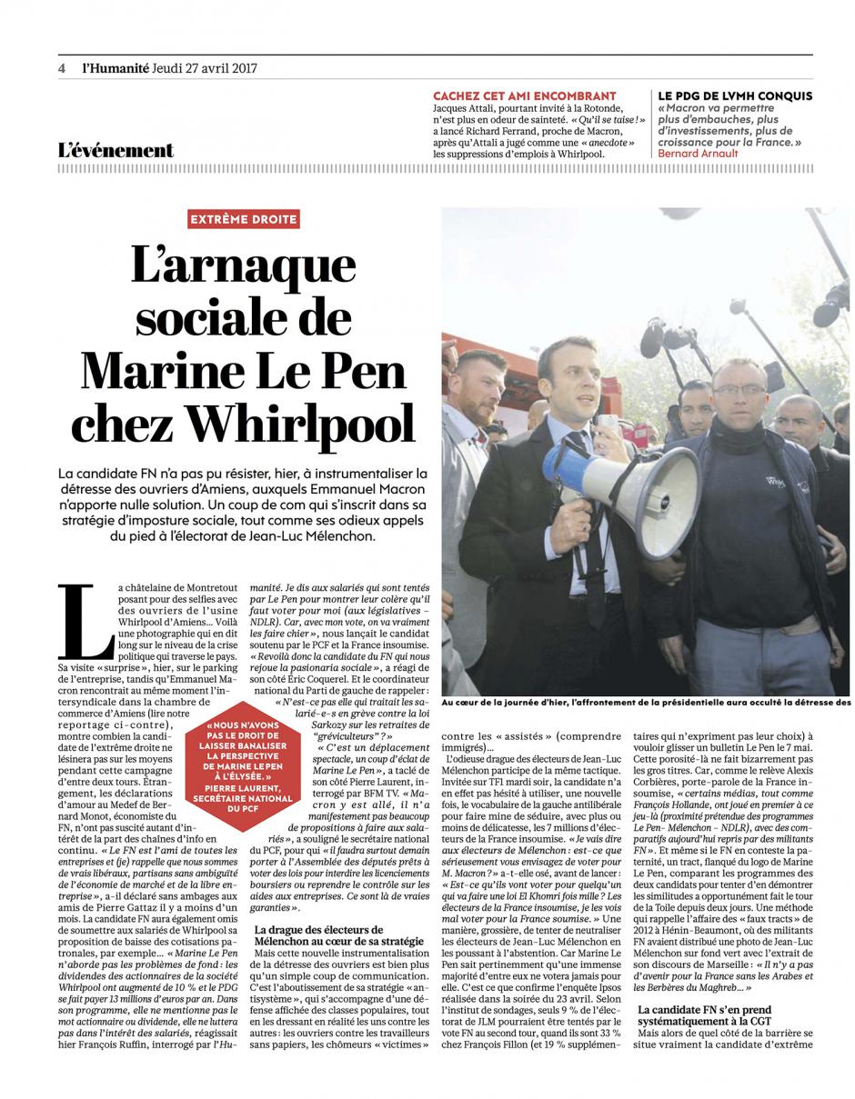 20170427-L'Huma-Amiens-P2017-L'arnaque sociale de Le Pen chez Whirlpool