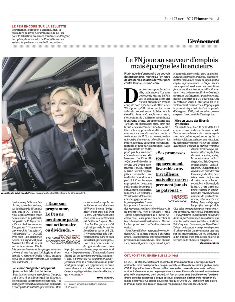 20170427-L'Huma-Amiens-P2017-L'arnaque sociale de Le Pen chez Whirlpool