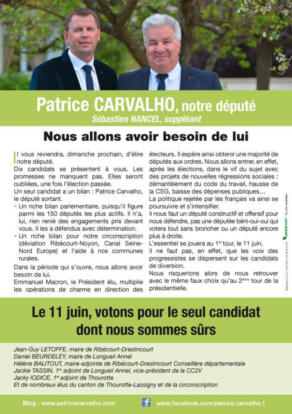 Tract « Patrice Carvalho, notre député : nous allons avoir besoin de lui » - 6e circonscription de l'Oise, 7 juin 2017
