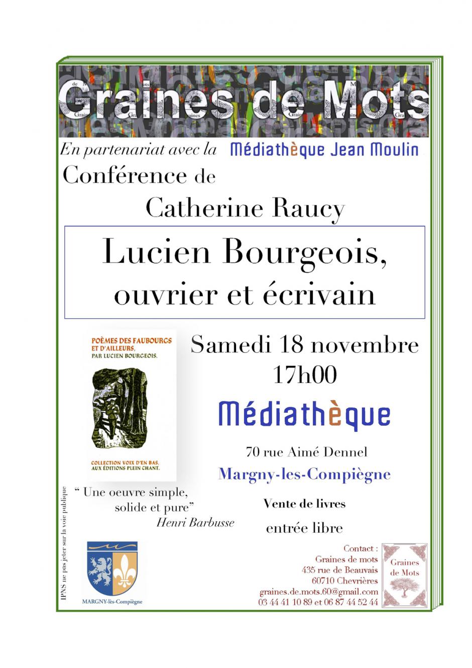 18 novembre, Margny-lès-Compiègne - Graines de Mots-Conférence « Lucien Bourgeois, ouvrier et écrivain »