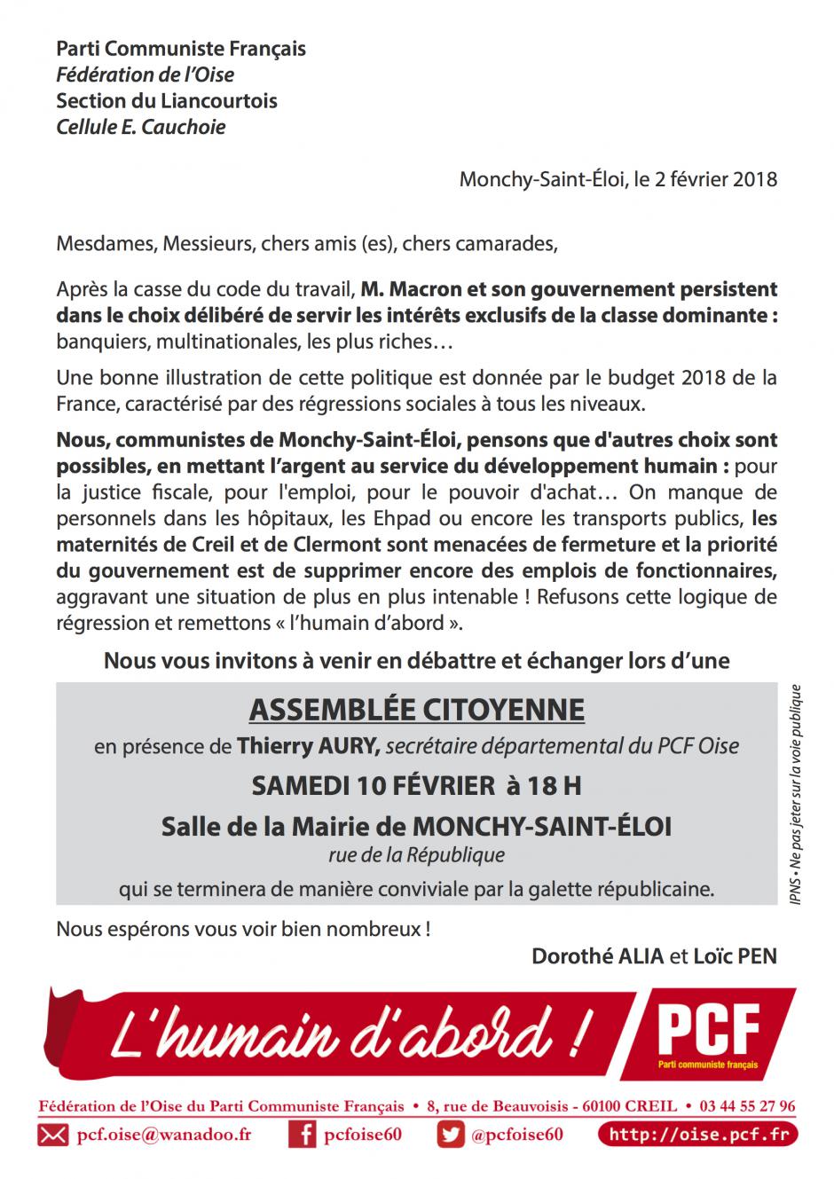 Invitation « Assemblée citoyenne à l'initiative des communistes de Monchy-Saint-Éloi » - Section PCF de Clermont-Liancourt, 10 février 2018