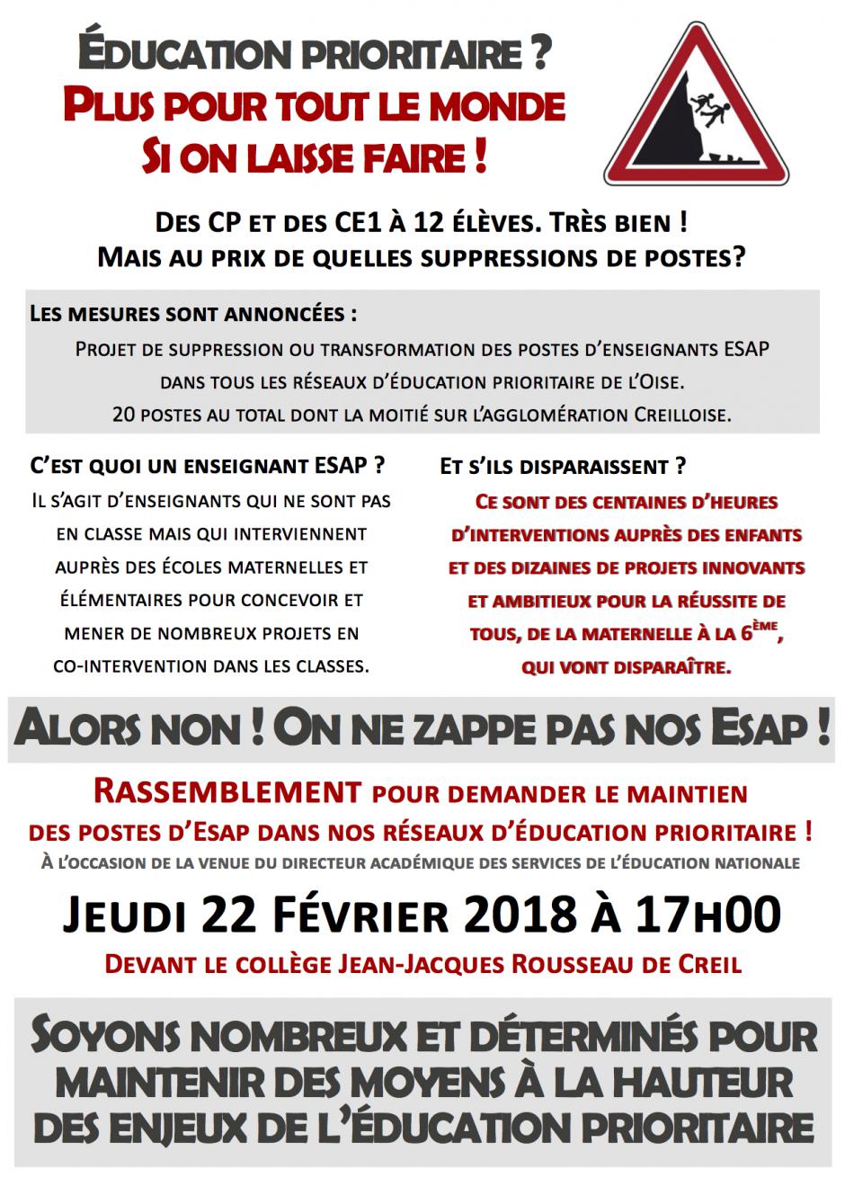 22 février, Creil - Rassemblement pour le maintien des postes d'ESAP dans les REP