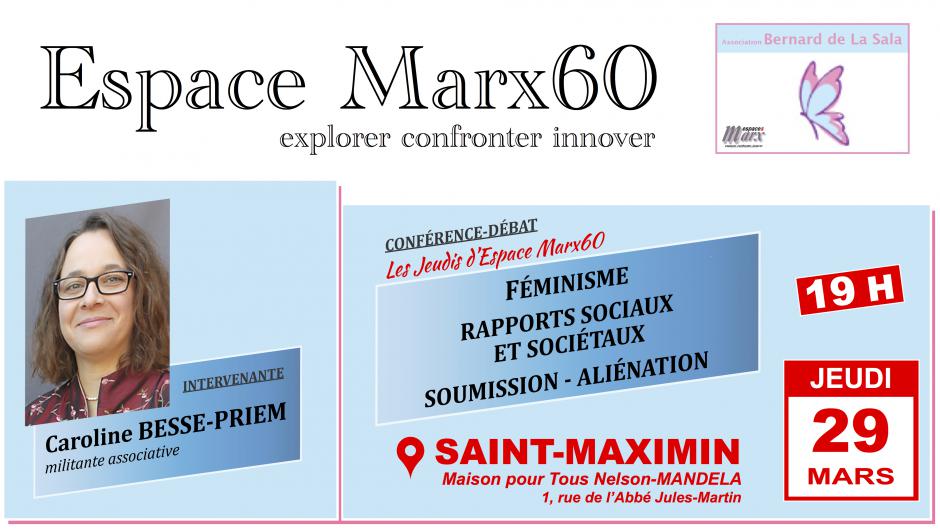 29 mars, Saint-Maximin - Conférence-débat « Féminisme, rapports sociaux et sociétaux, soumission, aliénation », avec Caroline Besse-Priem