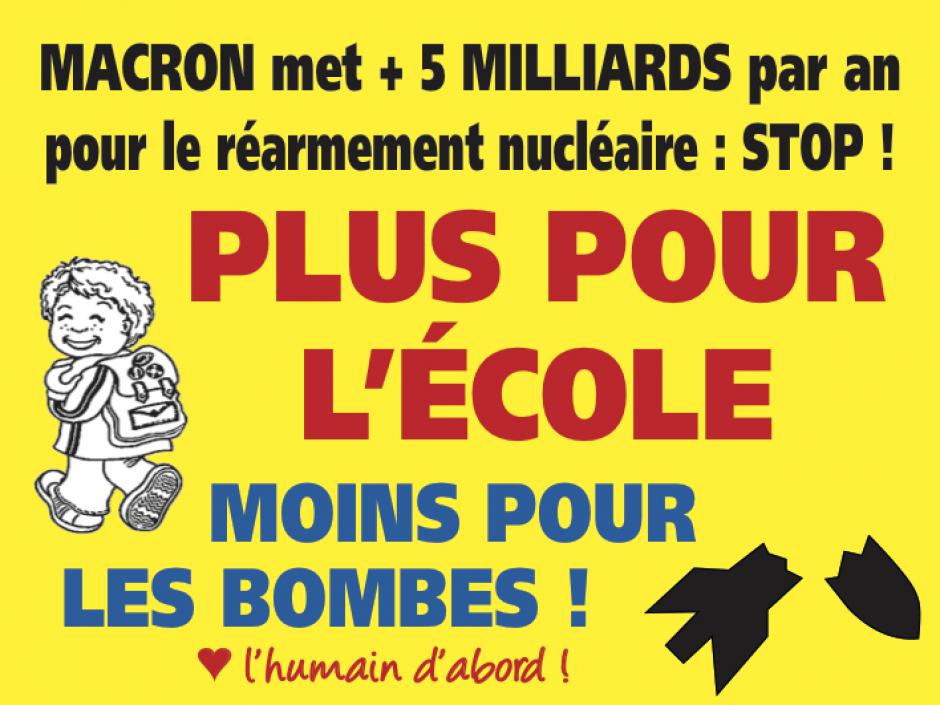 Autocollant « Plus pour l'école, moins pour les bombes ! » - PCF Oise, 7 avril 2018