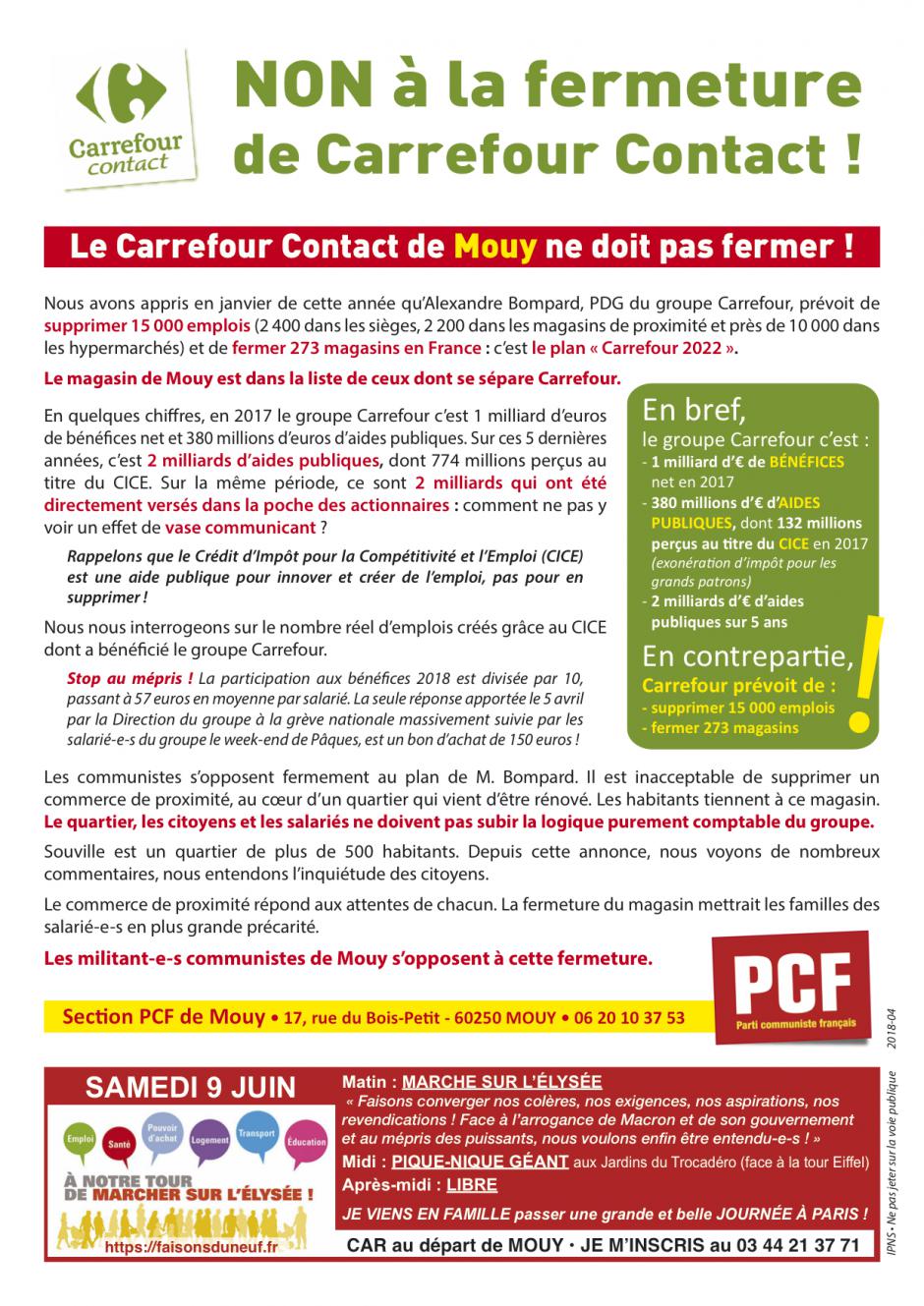 Tract « Le Carrefour Contact de Mouy ne doit pas fermer ! » - PCF Mouy, avril 2018