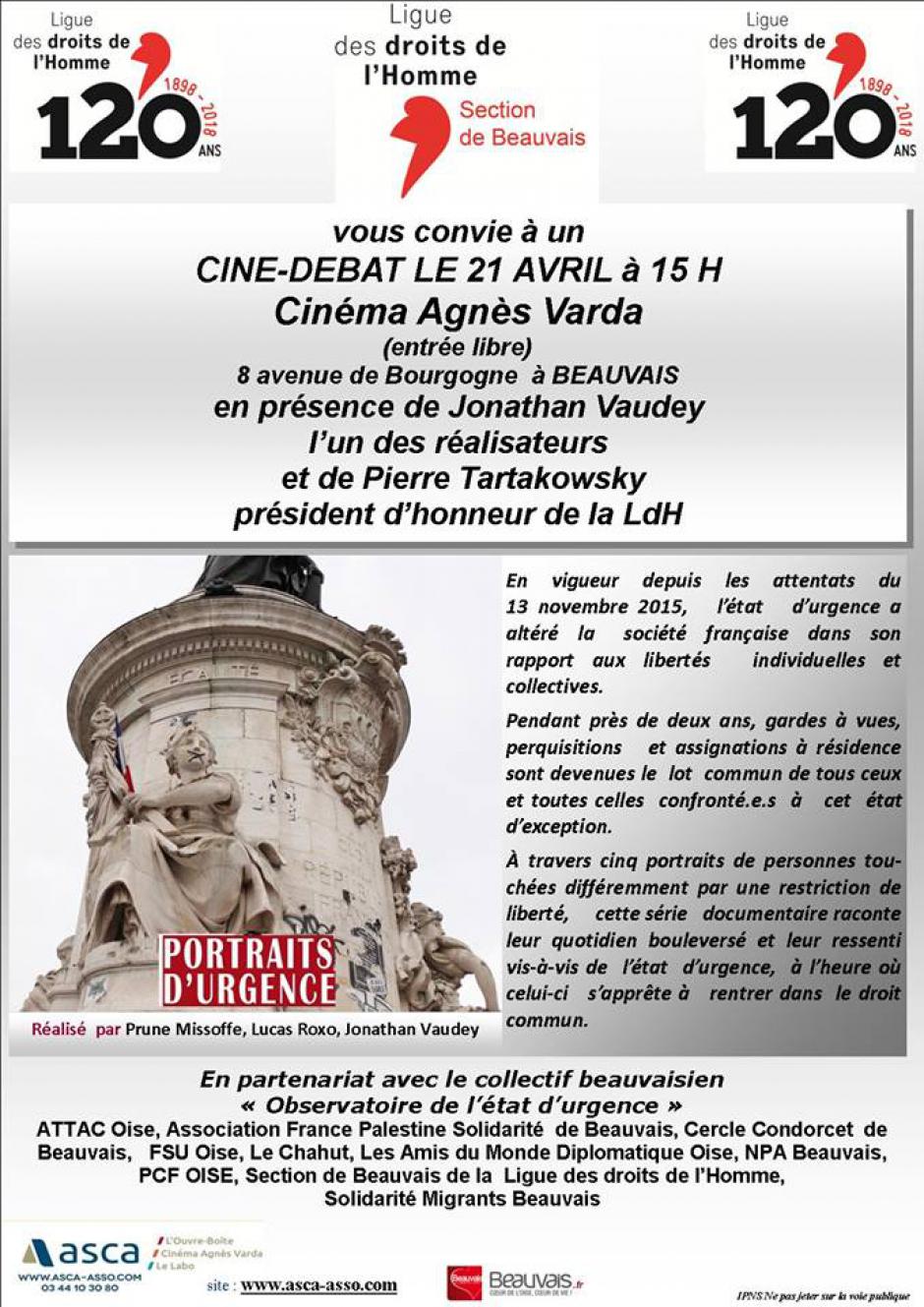 21 mars, Beauvais - LDH Beauvais-Ciné-débat « Portraits d'urgence », en présence de Jonathan Vaudey et de Pierre Tartakowsky