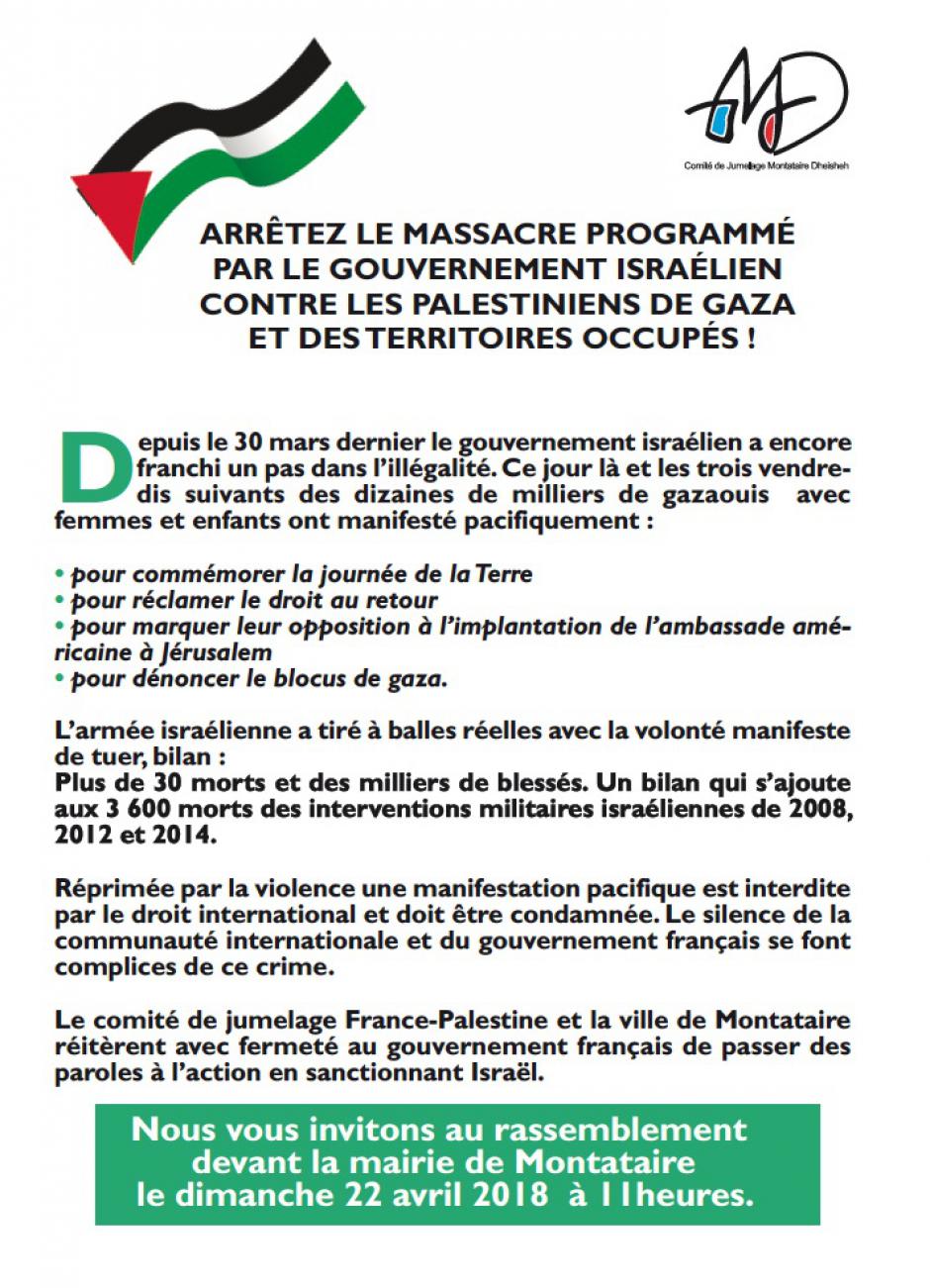 22 avril, Montataire - Comité de jumelage France-Palestine-Rassemblement de soutien aux Palestiniens de Gaza