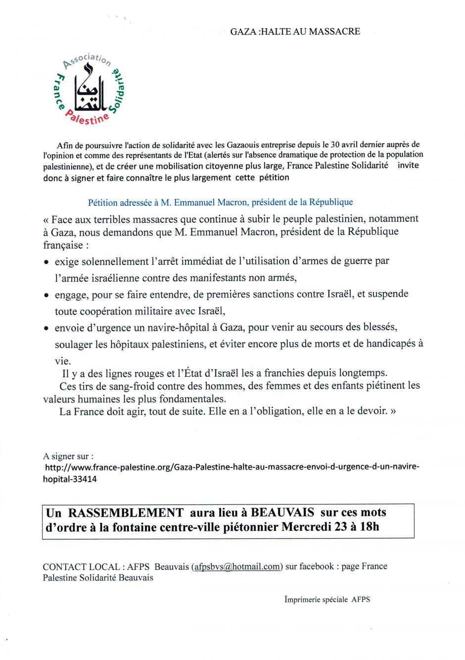 23 mai, Beauvais - AFPS-Rassemblement « Gaza : halte au massacre »