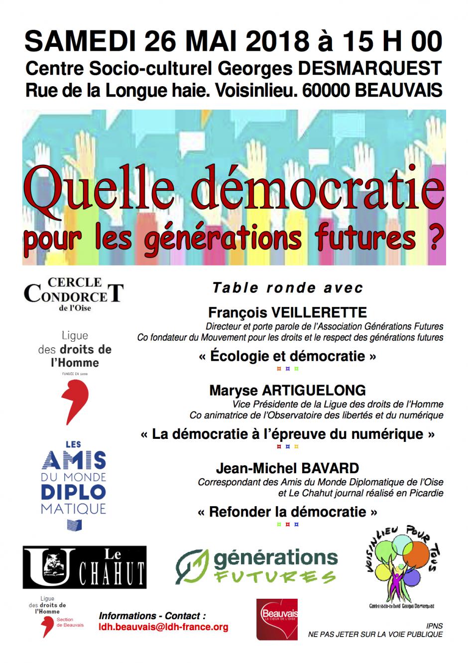 26 mai, Beauvais - LDH-Table ronde « Quelle démocratie pour les générations futures ? »