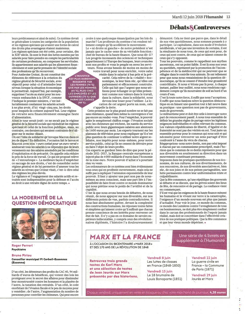 Bernard Lamirand et Aimé Relave : « Les régimes de retraite solidaires en ligne de mire » - L'Humanité, 12 juin 2018