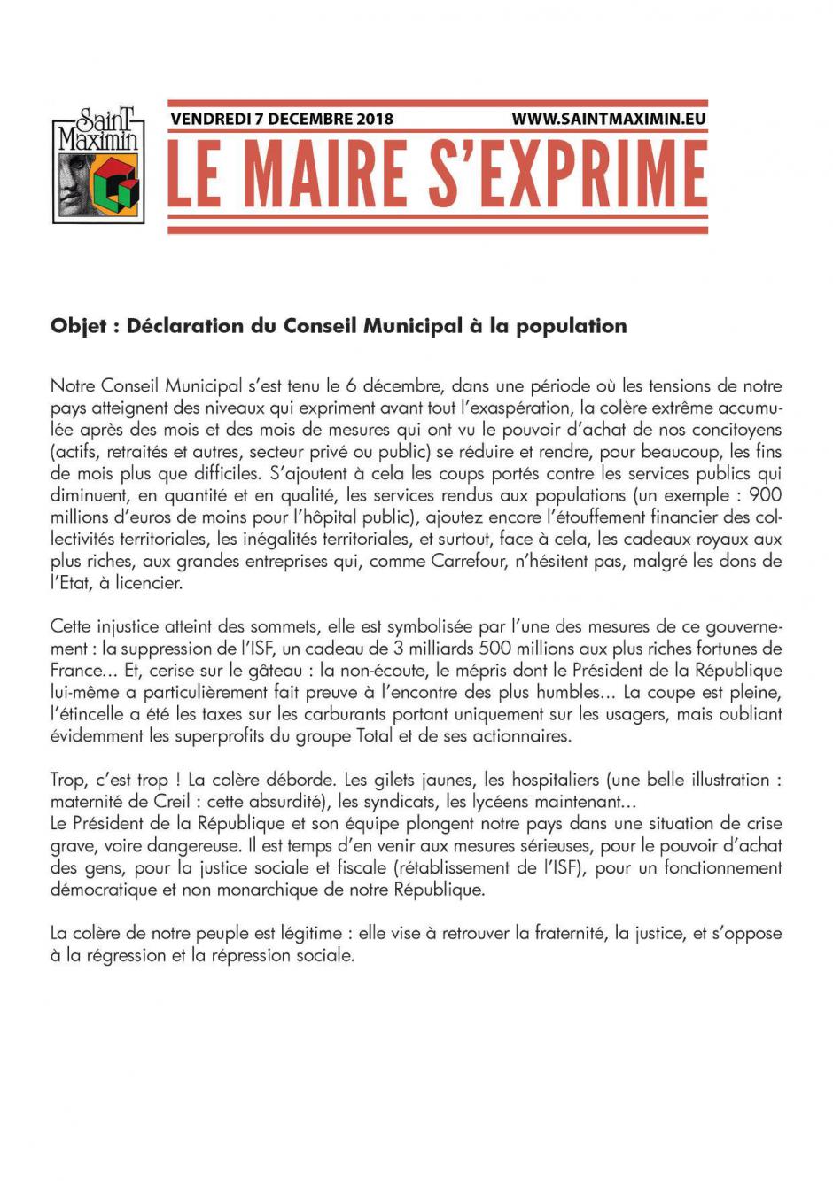 Déclaration du Conseil municipal de Saint-Maximin à la population - 6 décembre 2018