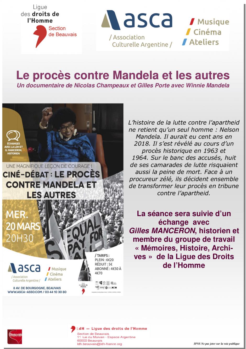 20 mars, Beauvais - LDH-Ciné-débat « Le procès contre Mandela et les autres », en présence de Gilles Manceron