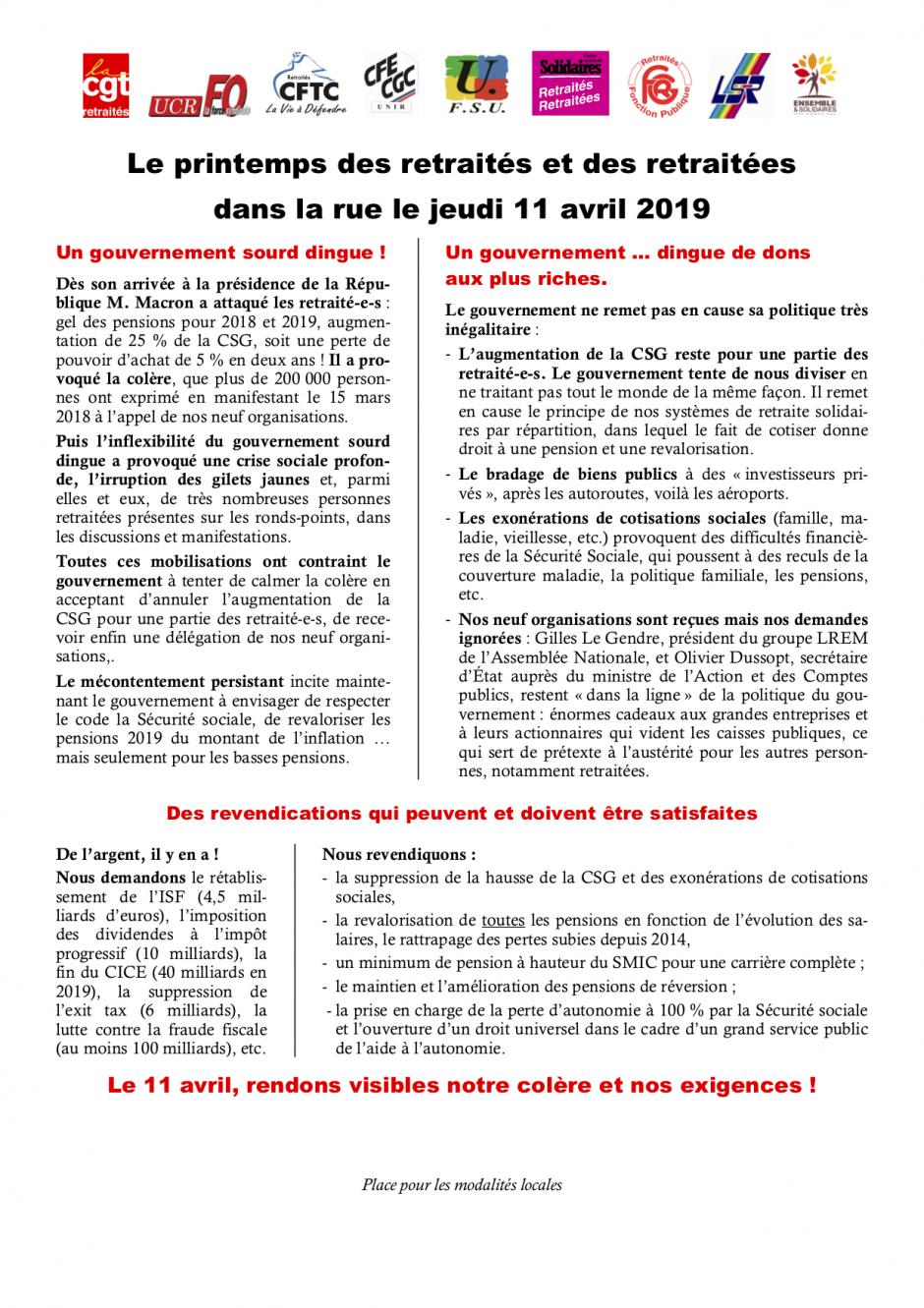 Tract « Le printemps des retraité·e·s » - France, 11 avril 2019