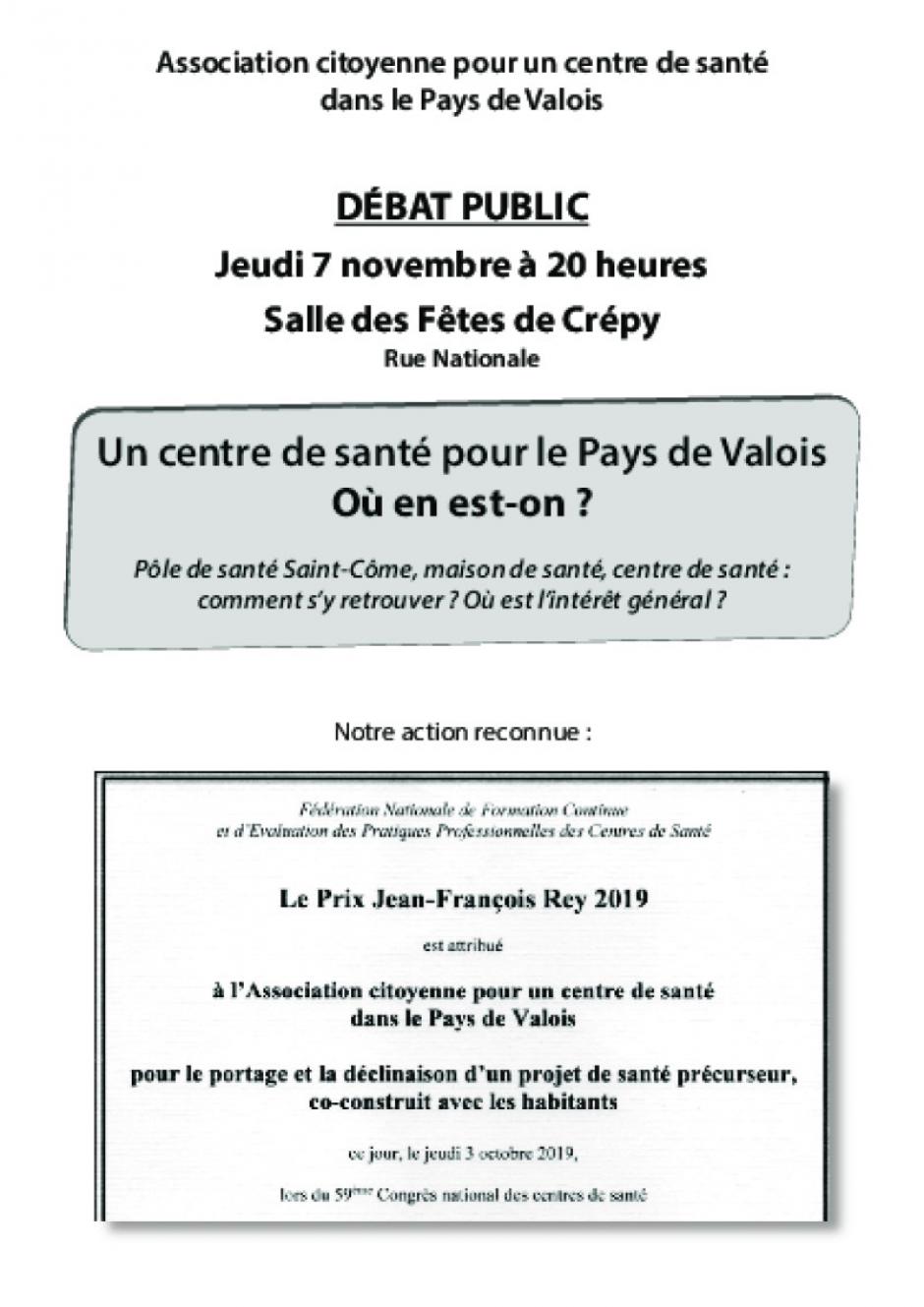 7 novembre, Crépy-en-Valois - Réunion publique « Un centre de santé pour le Pays-de-Valois, où en est-on ? »