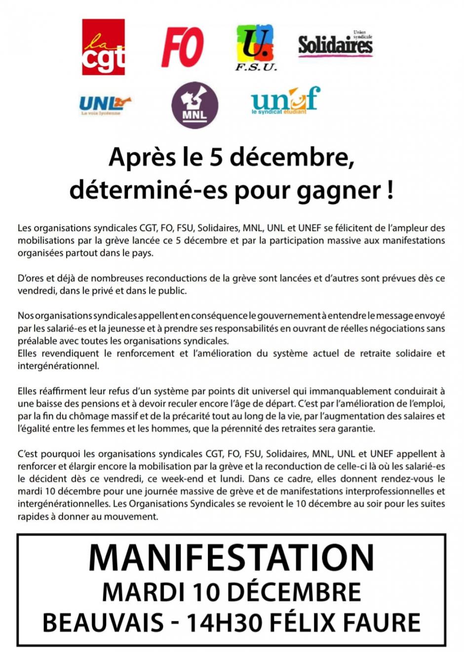 Tract « Après le 5 décembre, déterminé·e·s pour gagner ! » - Oise, 10 décembre 2019