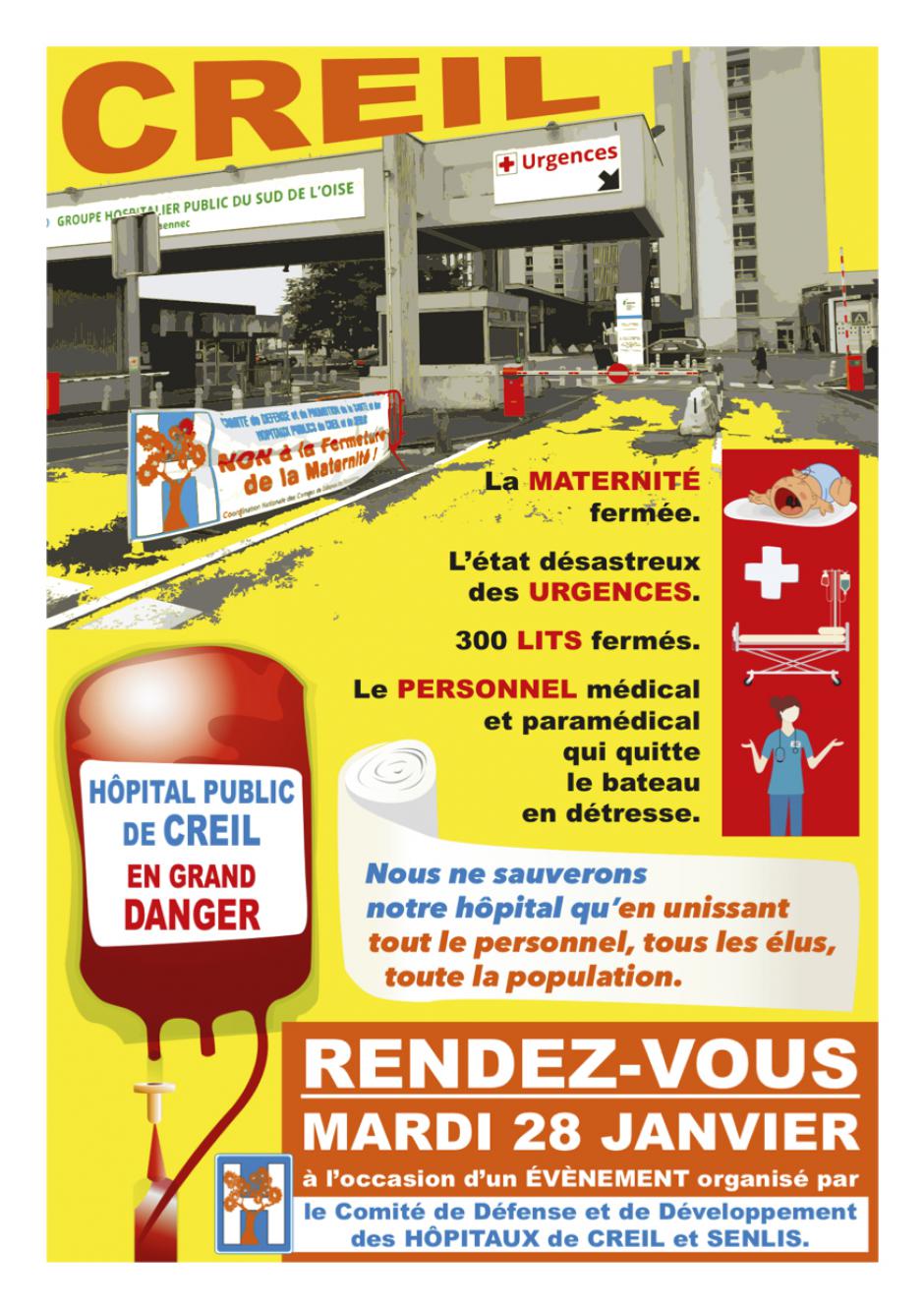 Flyer « Sauvons notre hôpital » - Comité de défense de l'hôpital de Creil, 28 janvier 2020