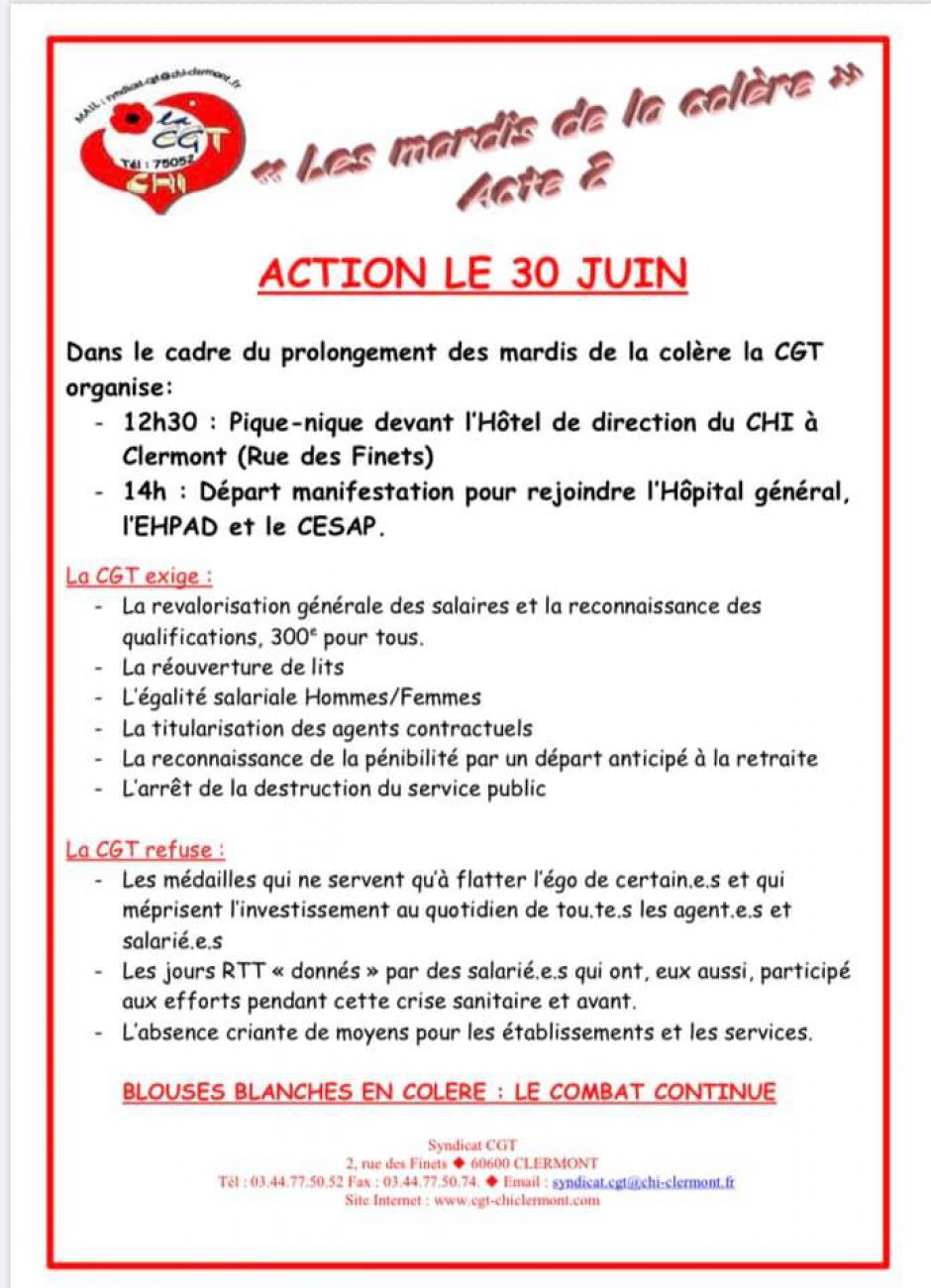 Tract « Les 'Mardi de la colère' acte 2 » - CGT CHI Clermont, 30 juin 2020