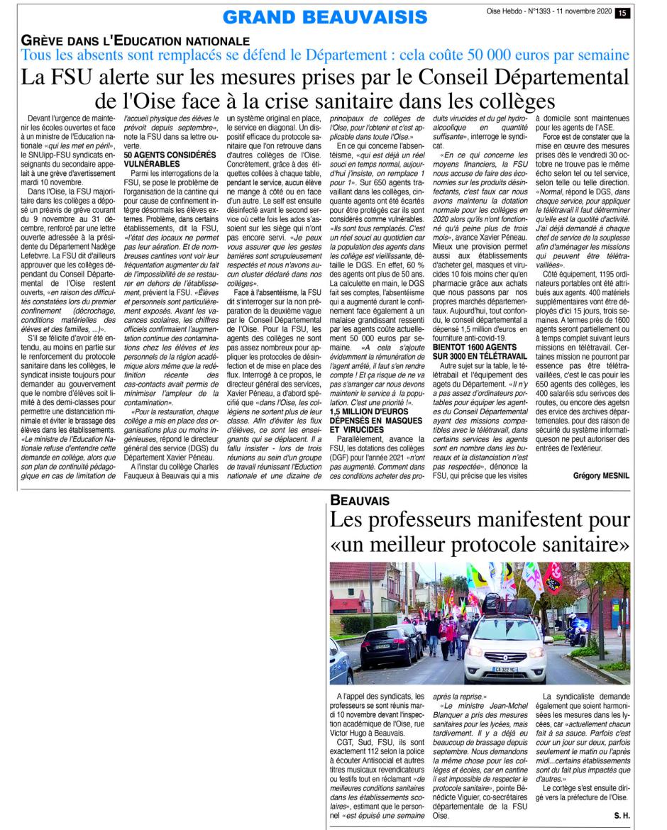 20201111-OH-Beauvais-Les professeurs manifestent pour « un meilleur protocole sanitaire »
