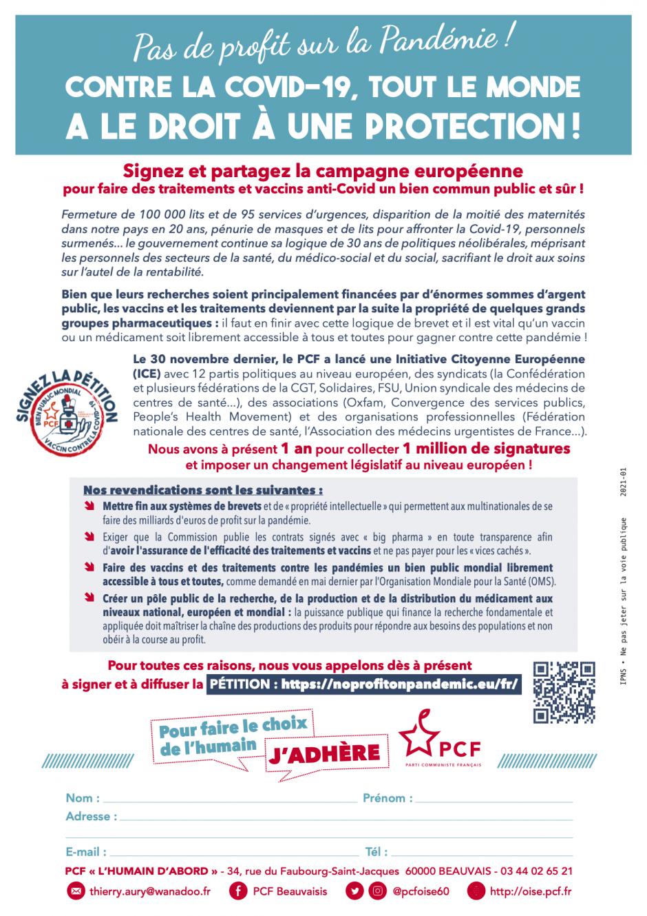 Tract « Pas de profit sur la pandémie ! Tout le monde a le droit à une protection ! » - PCF Beauvaisis, 8 janvier 2021