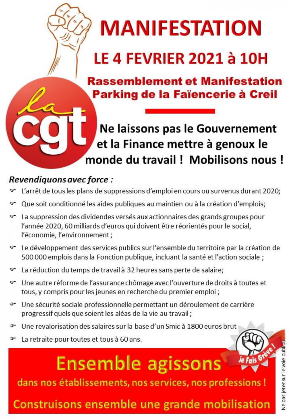 Tract « Ne laissons pas le gouvernement et la finance mettre à genoux le monde du travail ! Mobilisons-nous ! » - UL CGT Bassin creillois, 4 février 2021