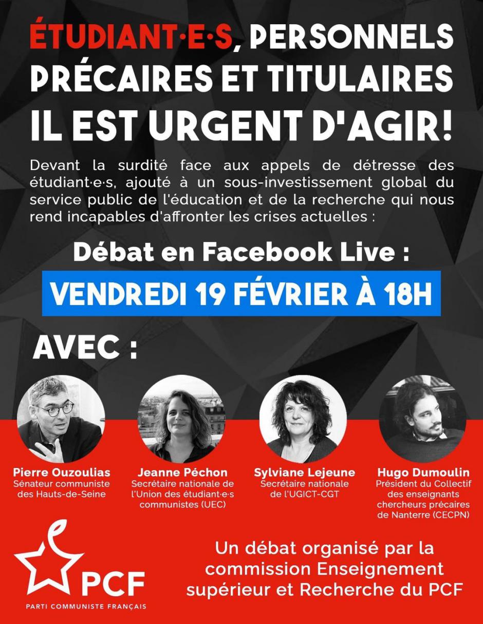 19 février, direct Facebook - Débat « Étudiant·e·s, personnels précaires et titulaires, il est urgent d'agir ! »