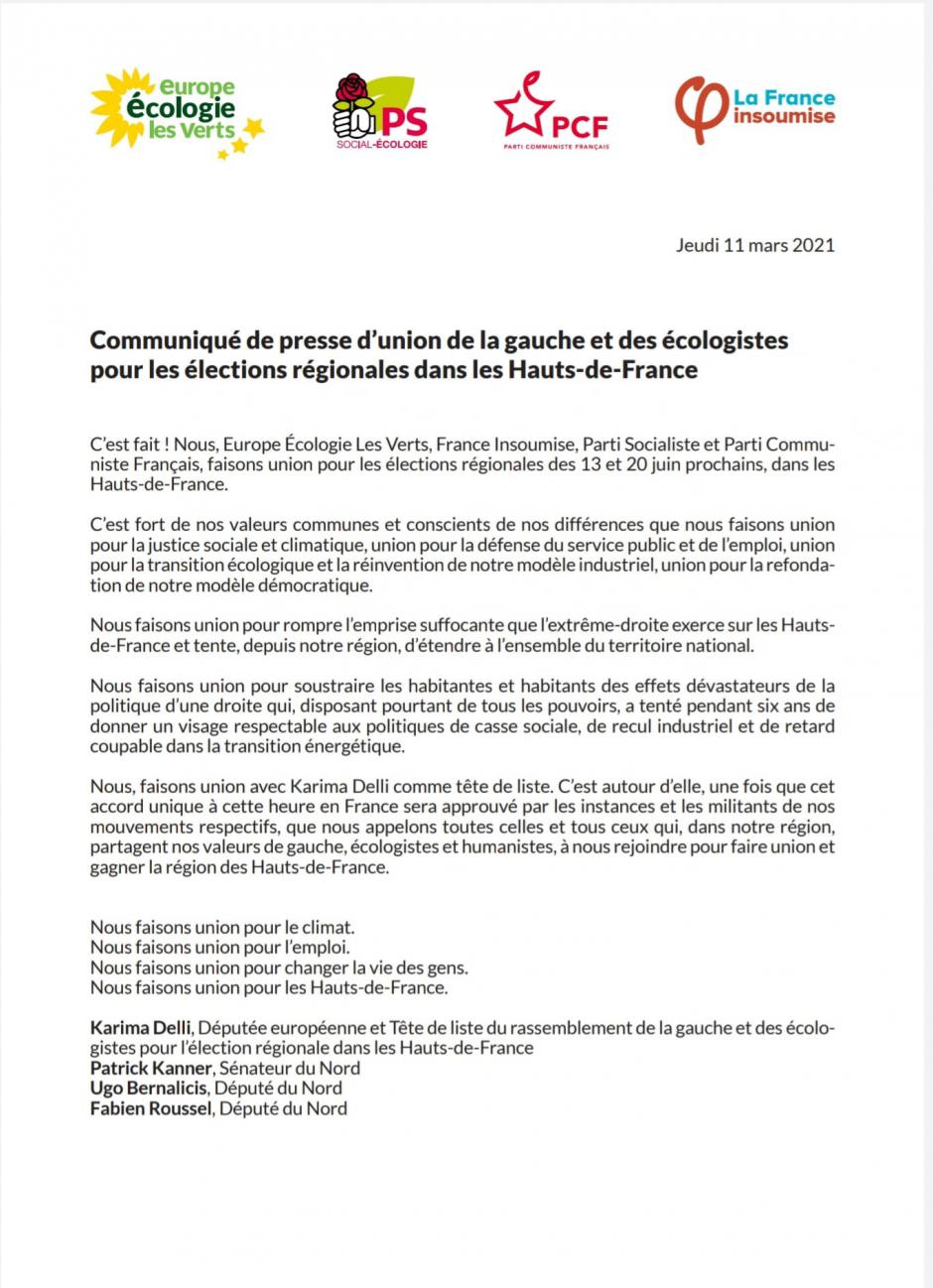 Régionales 2021 dans les Hauts-de-France : « Gauche et écologistes, nous faisons union »