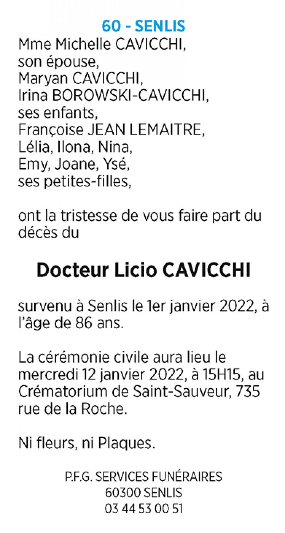 Avis de décès de Licio Cavicchi - Le Parisien, 10 janvier 2022