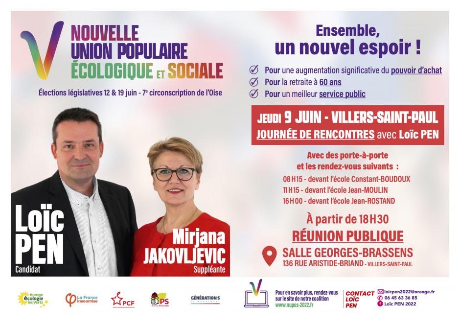 Flyer Nupes « Journée d'initiatives et réunion publique avec Loïc Pen et Mirjana Jakovljevic à Villers-Saint-Paul » - 7e circonscription de l'Oise, 9 juin 2022