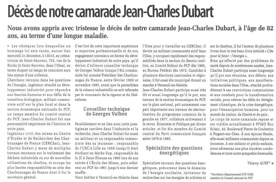 20221216-Liberté Hebdo-Décès de notre camarade Jean-Charles Dubart