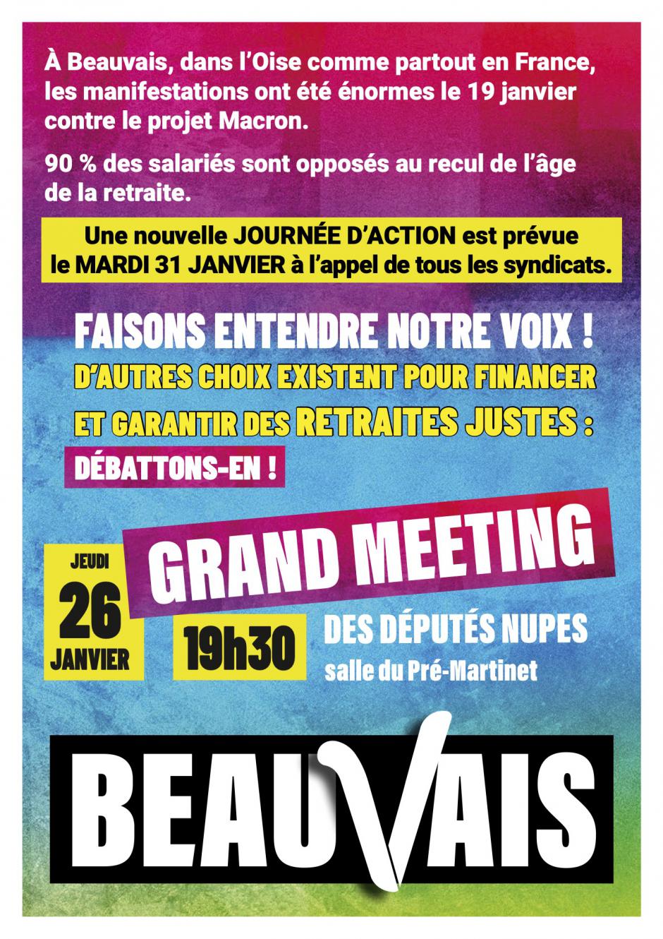 26 janvier, Beauvais - Meeting unitaire « Non au projet Macron-Borne, oui à une réforme progressiste des retraites ! », avec des député·e·s de la Nupes