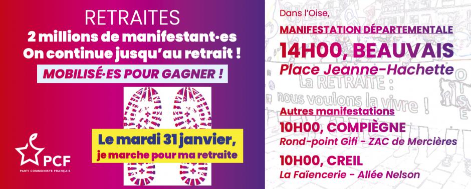 31 janvier, Beauvais, Compiègne & Creil - Intersyndicale-Journée de grèves et de manifestations interprofessionnelles contre la réforme des retraites Macron-Borne