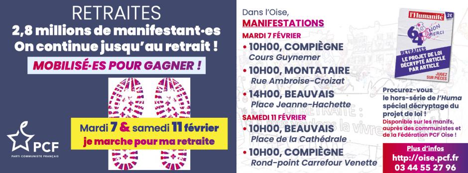 11 février, Beauvais & Compiègne - Journée nationale d'actions et de grèves contre la réforme Macron-Borne des retraites
