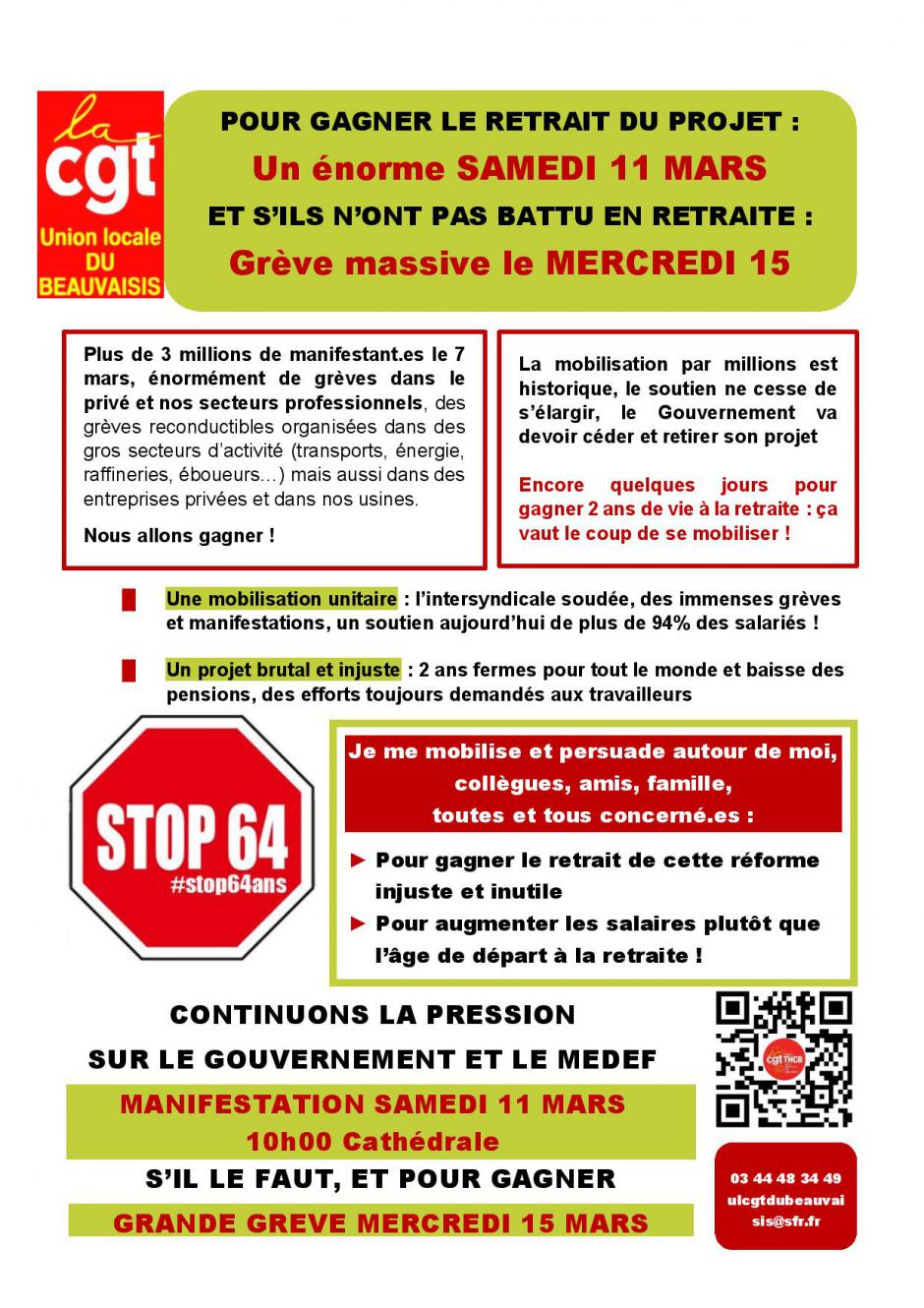 Tract « Pour gagner le retrait du projet : un énorme samedi 11 mars ! » - UL CGT Beauvaisis, 9 mars 2023