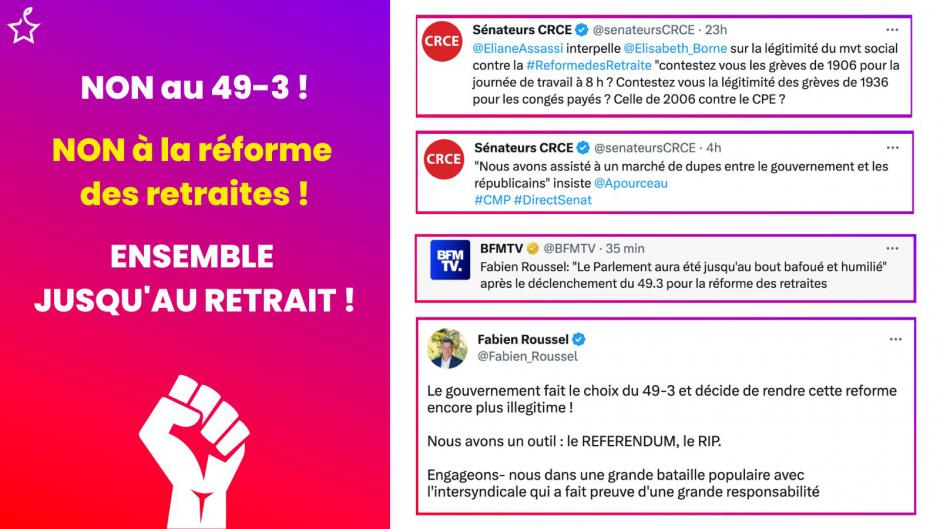 49.3 : mépris de la démocratie et du peuple ! Continuons jusqu'au retraite de la réforme des retraites Macron-Borne !