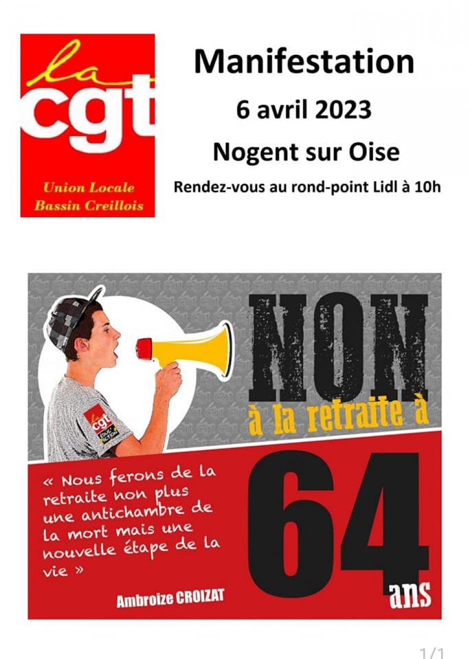 Flyer « Non à la retraite à 64 ans » - UL CGT Bassin creillois, 6 avril 2023
